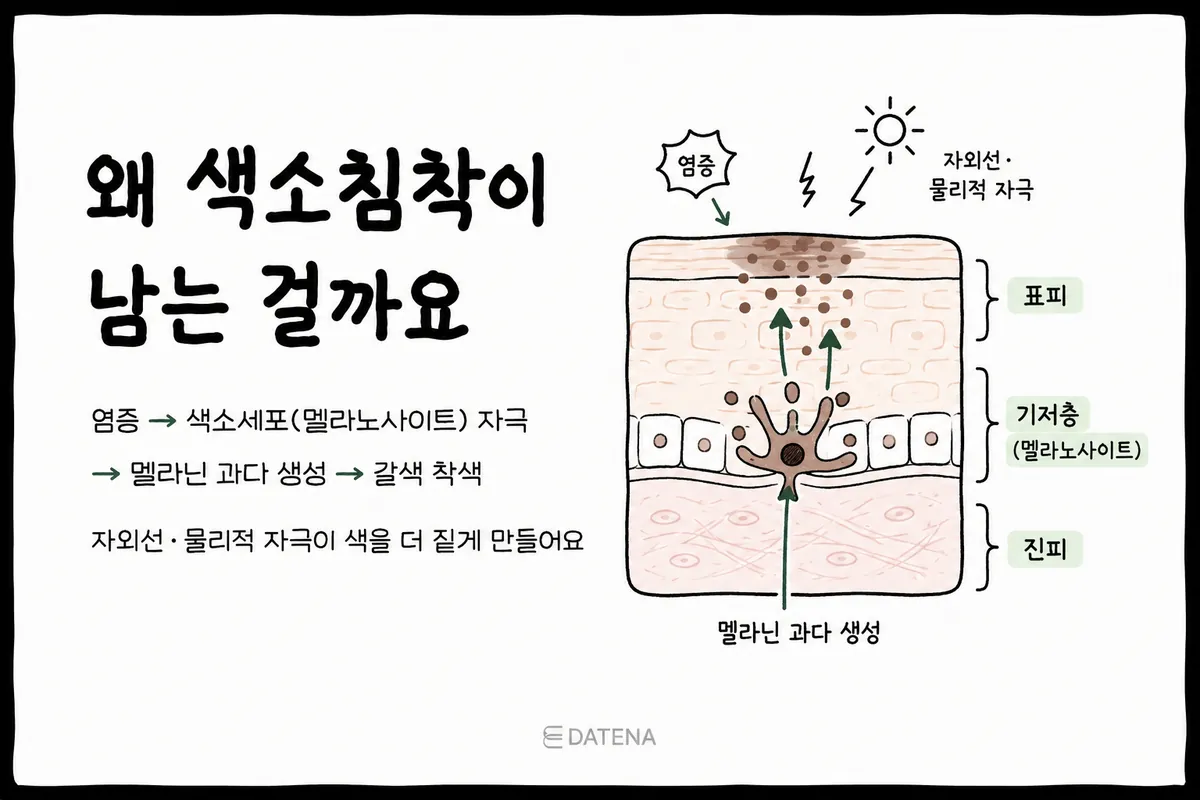 여드름으로 피부에 염증이 생기면 색소세포가 자극을 받아 멜라닌이 과도하게 생성될 수 있습니다. 자외선이나 반복적인 마찰은 색을 더욱 짙게 만들 수 있어 주의해야 합니다.