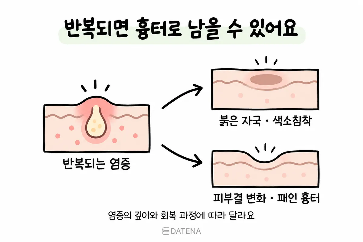 반복된 여드름 염증 뒤 붉은 자국·색소침착과 패인 흉터가 남는 경로 그림
