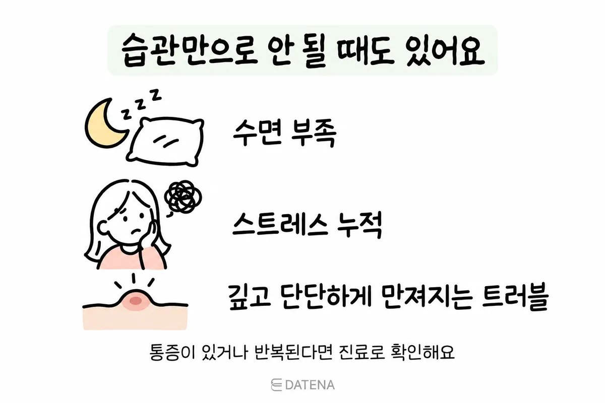 수면 부족·스트레스와 단단하게 만져지는 여드름을 살피는 안내 그림