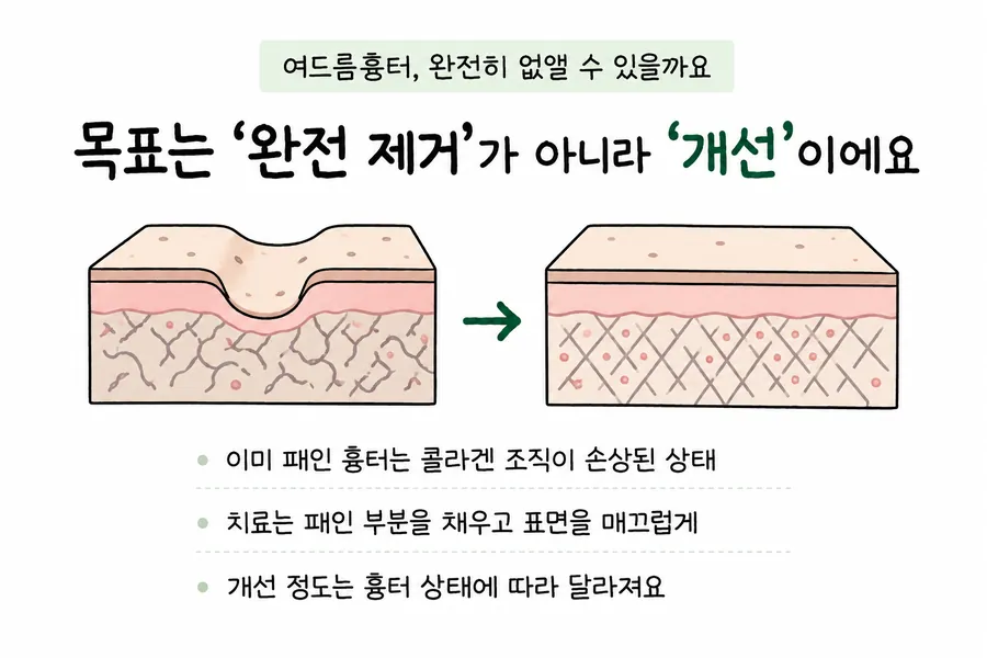 패인 여드름흉터가 치료 후 완만해진 피부 단면을 보여주는 개선 목표 그림