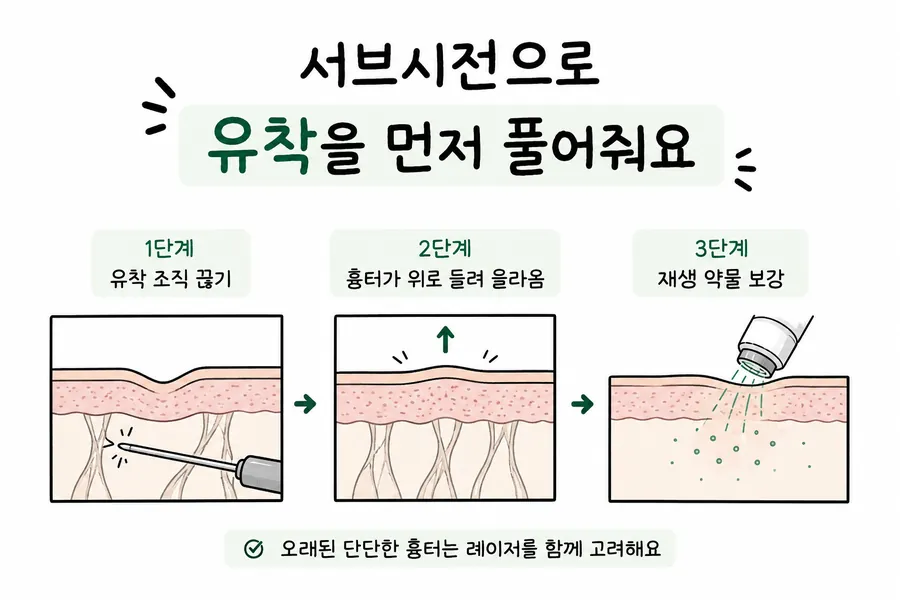 좁고 깊게 패인 여드름흉터의 유착을 풀고 피부가 올라오는 서브시전 과정 그림