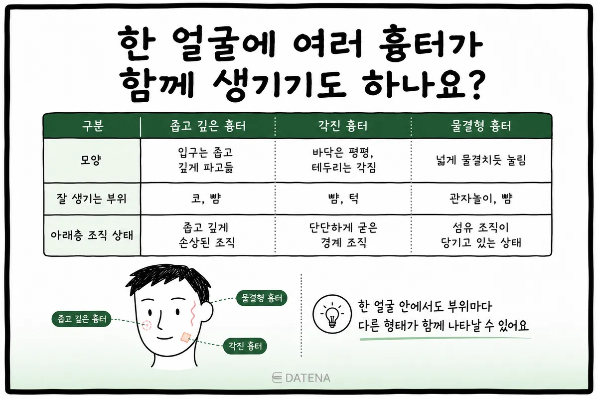 좁고 깊은 흉터, 각진 흉터, 물결형 흉터의 모양·발생 부위·조직 상태를 비교한 표