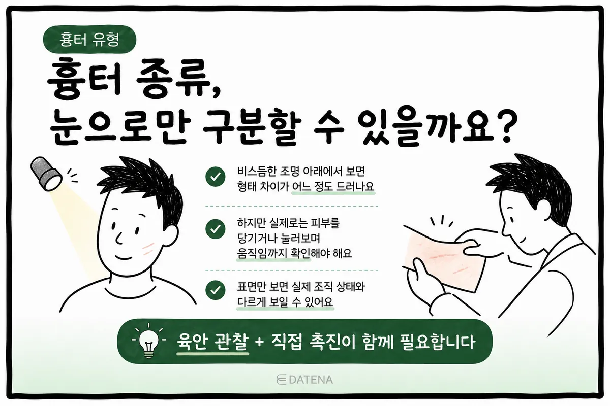조명 아래 흉터를 관찰하고 피부를 당겨 조직 움직임을 확인하는 모습을 보여주는 그림