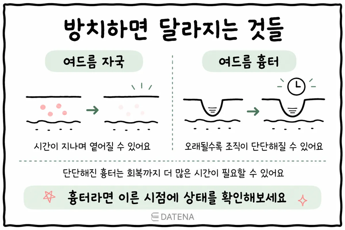시간이 지나며 옅어질 수 있는 여드름 자국과 오래 남을 수 있는 패인 흉터의 변화를 비교한 그림
