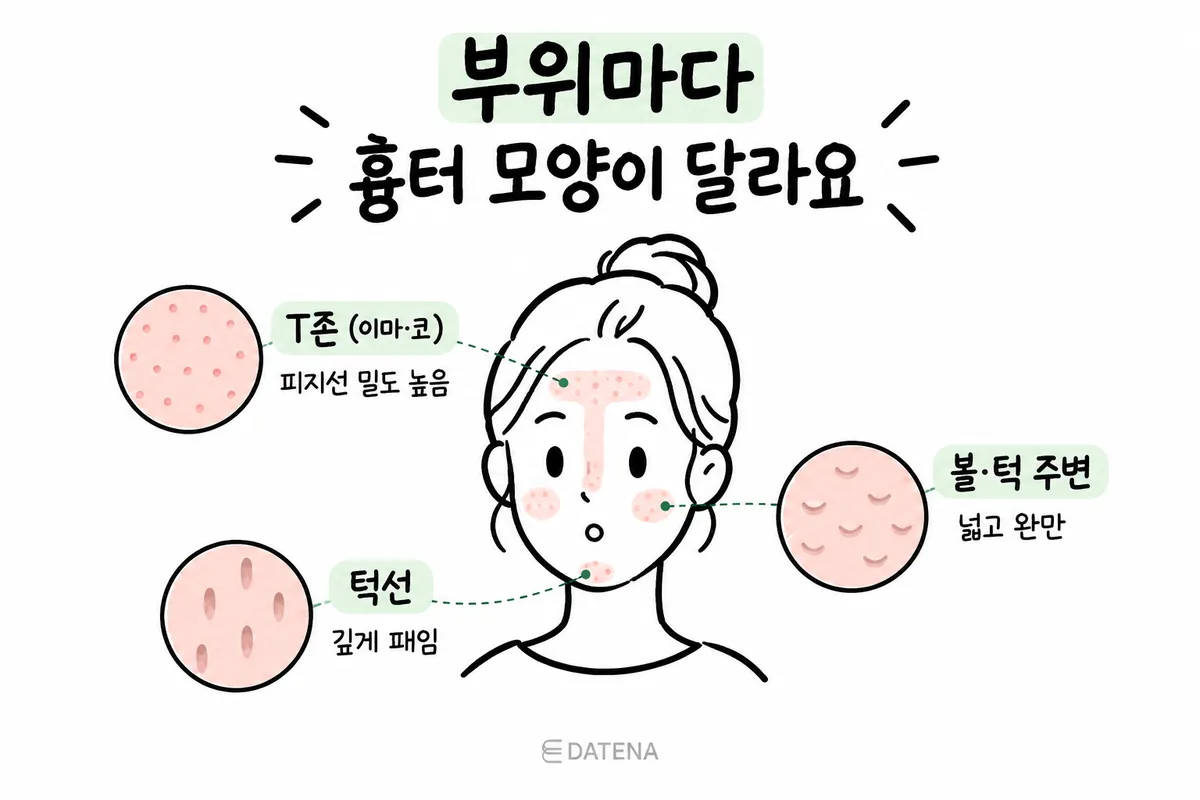 T존과 볼·턱 주변의 서로 다른 피지 분비와 흉터 모양을 표시한 그림