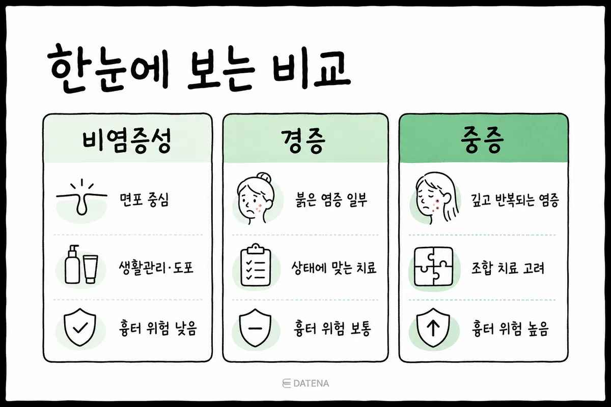비염증성 면포, 경증 염증성, 중증 염증성 여드름의 특징과 흉터 위험을 세 칸으로 비교한 표