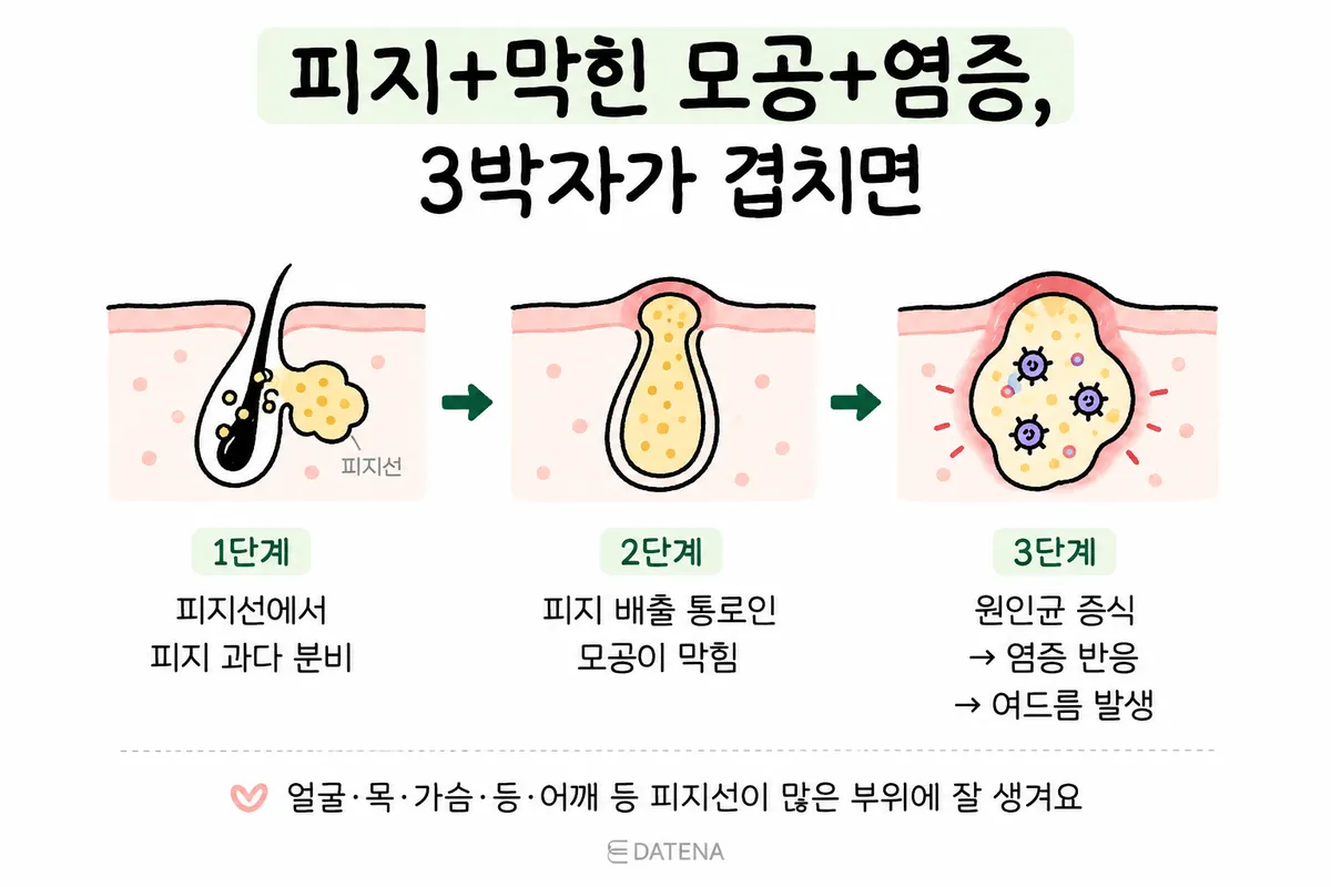 피지 과다 분비와 모공 막힘 뒤 염증으로 이어지는 여드름 발생 3단계 그림