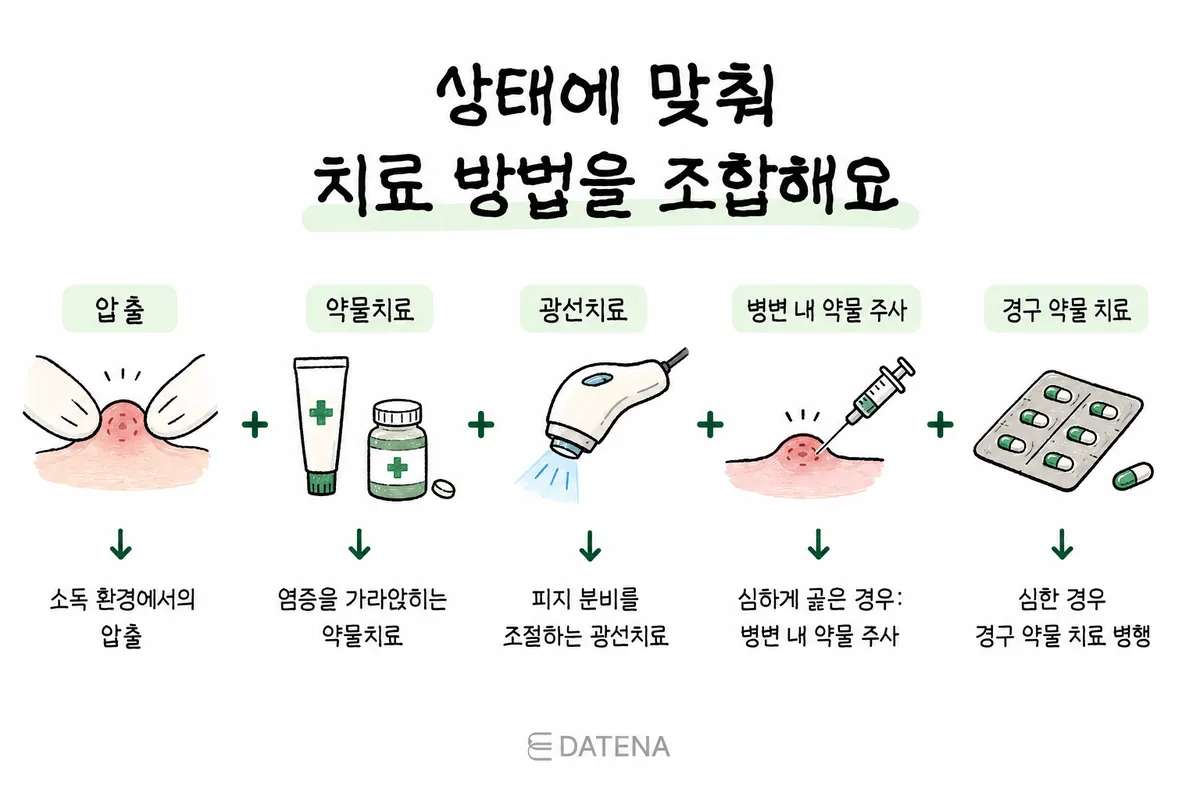 압출, 약물치료, 광선치료, 병변 주사, 경구 약물 등 여드름 상태별 치료 방법을 나열한 그림