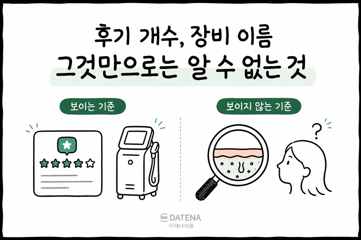 후기 평점·시술 장비와 피부 단면 관찰을 나란히 비교한 여드름흉터 치료 상담 그림