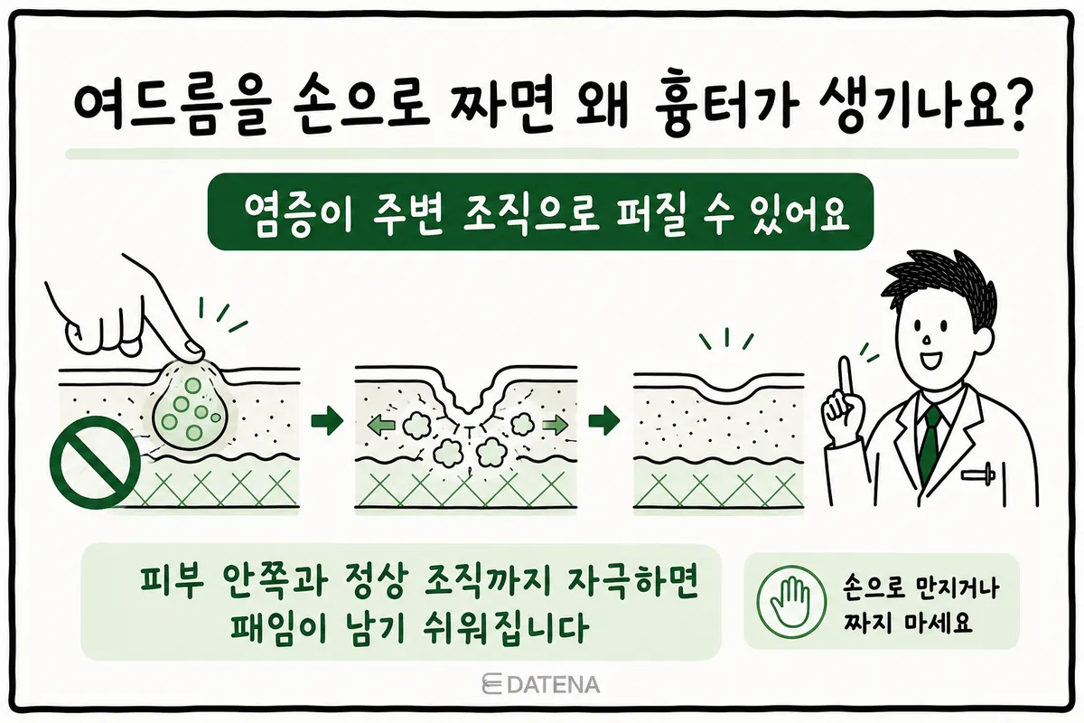 손으로 여드름을 짰을 때 염증 물질이 주변과 피부 안쪽으로 퍼지는 과정을 그린 피부 단면