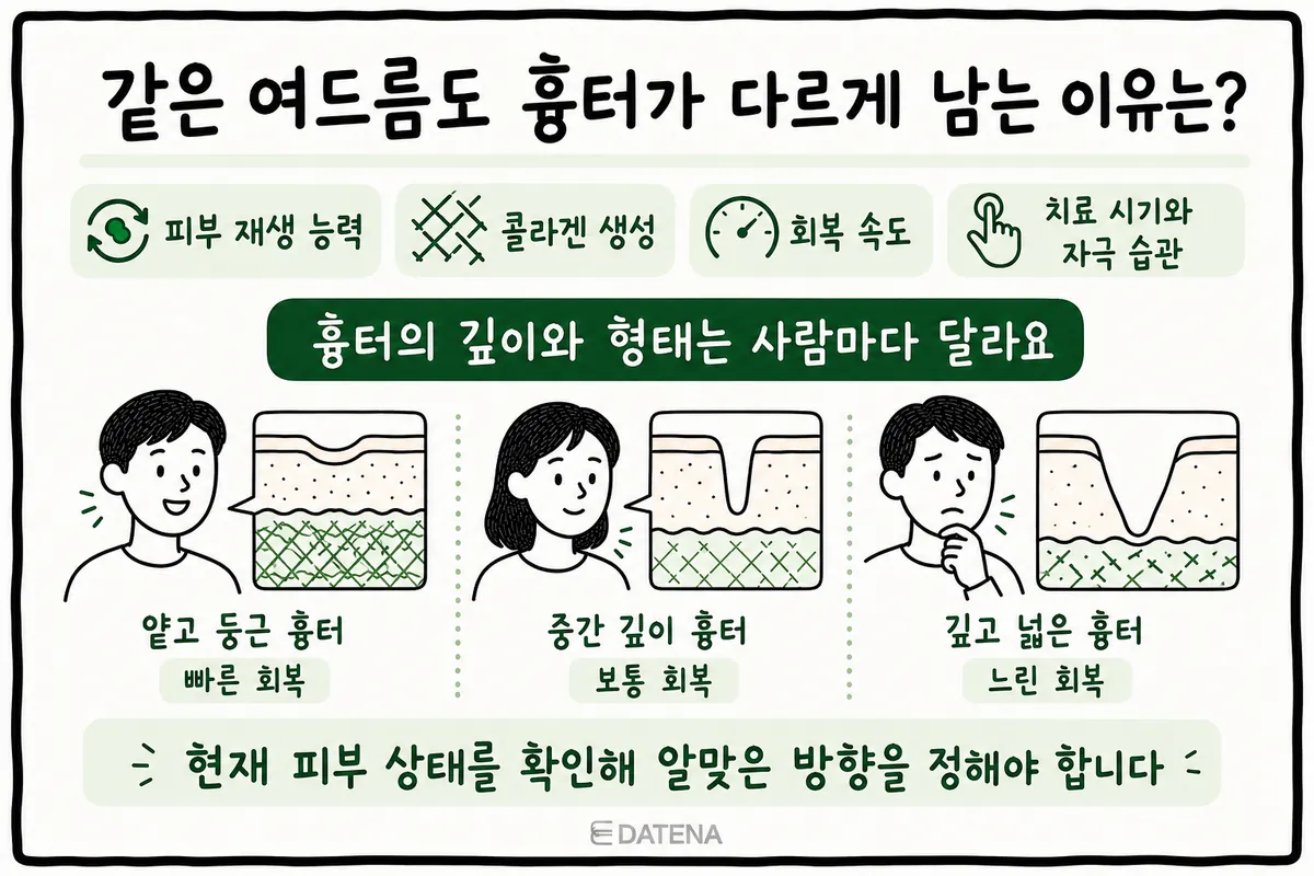 피부 재생 능력과 콜라겐 생성 차이에 따라 흉터 깊이가 달라지는 세 사람의 사례 그림