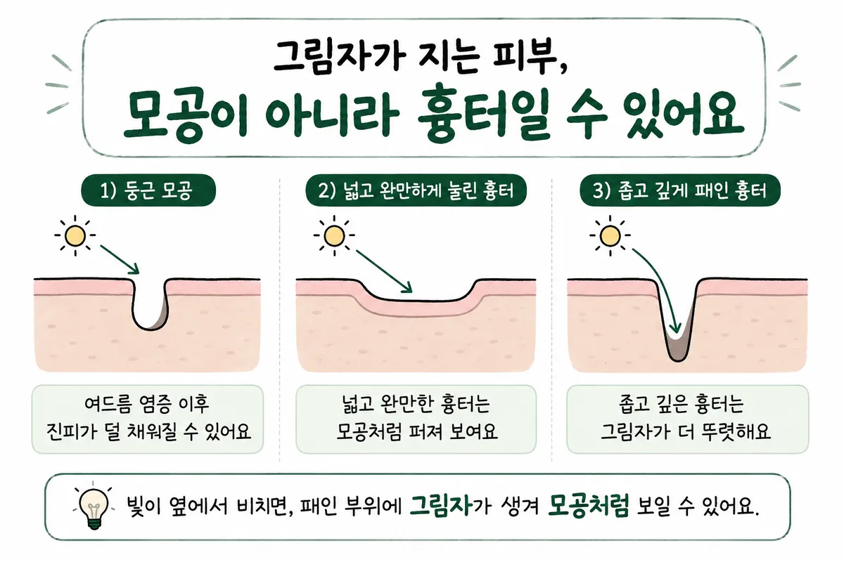 넓어진 모공과 넓고 완만한 흉터, 좁고 깊은 흉터의 단면과 그림자 비교
