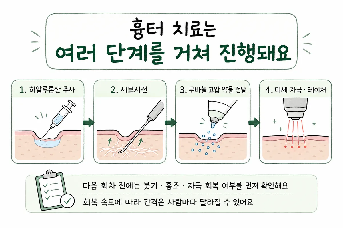 흉터 치료의 공간 확보·서브시전·약물 전달·미세 자극과 레이저 과정을 나타낸 도식
