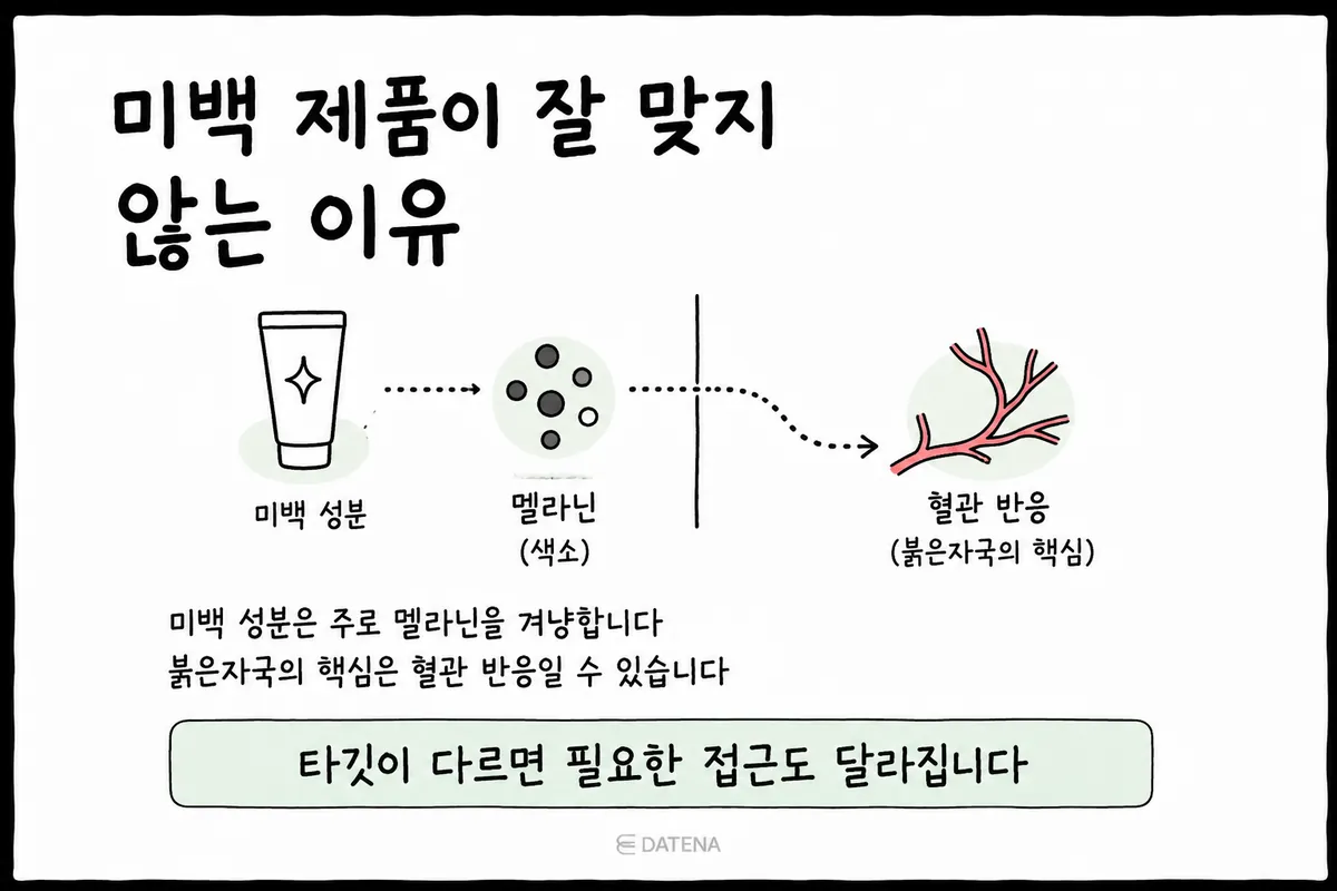 미백 성분의 멜라닌 작용과 붉은자국의 혈관 반응을 구분해 보여주는 그림