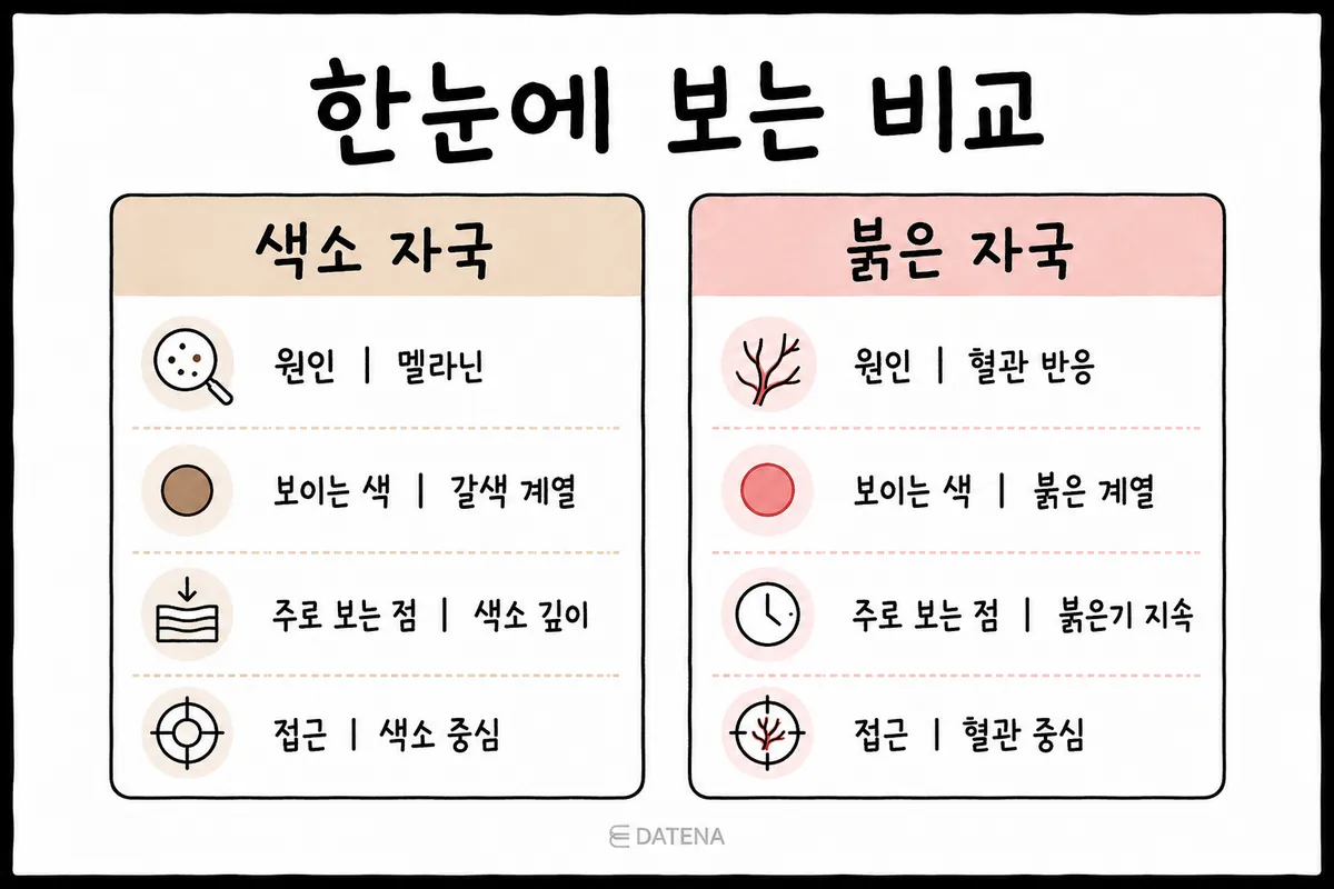 여드름 뒤 갈색 색소 자국과 붉은 혈관성 자국의 원인·색·치료 방향 비교표