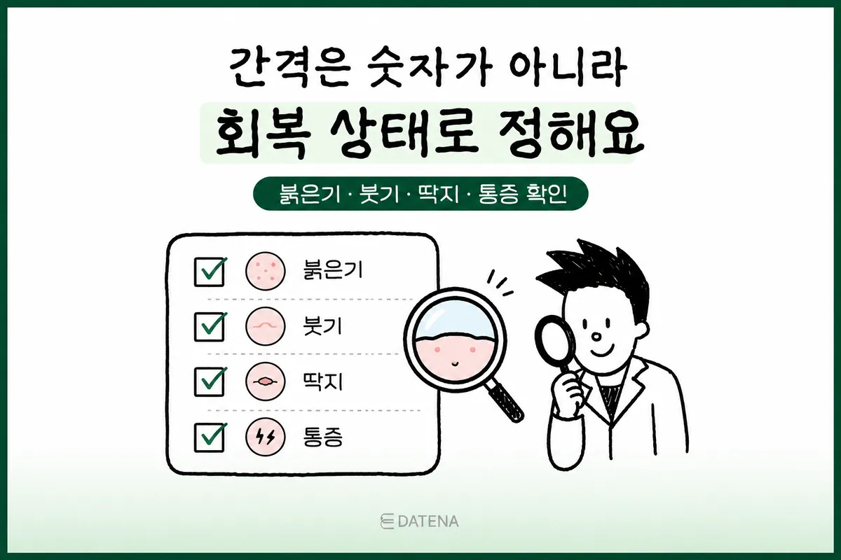 여드름흉터 치료 간격을 정할 때 피부의 붉은기·붓기·딱지·통증을 확인하는 체크리스트