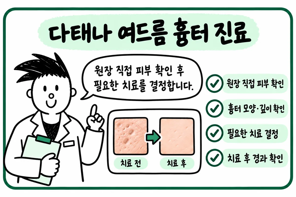 피부 확인과 흉터 모양·깊이 평가, 치료 결정, 경과 확인을 안내하는 다태나의원 그림