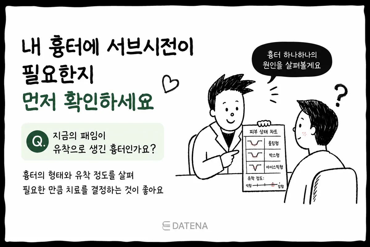 의사가 피부 상태 확인표를 보며 서브시전 필요 여부를 상담하는 그림