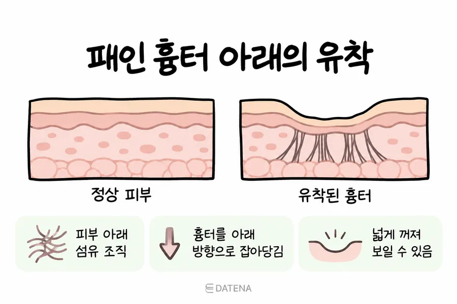 정상 피부와 아래 섬유 조직에 유착된 패인 여드름 흉터를 비교한 단면 그림