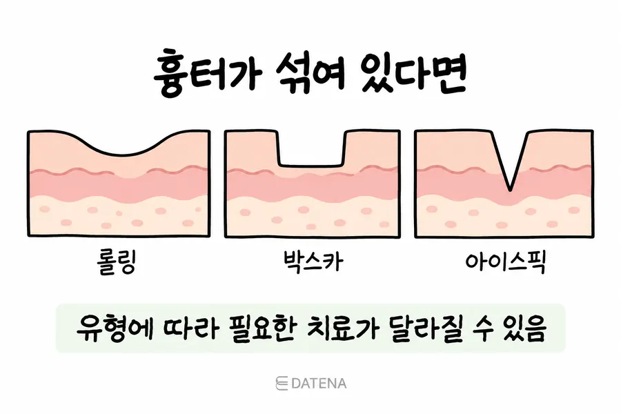 롤링·박스카·아이스픽 여드름 흉터의 서로 다른 단면 형태 비교